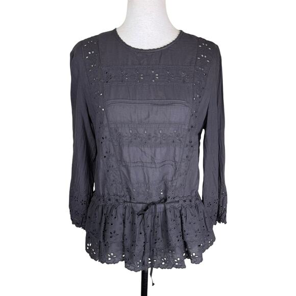Trovata Birds Of Paradis Megan Licorice Grey 100% Cotton Eyelet Lace Blouse Top - Picture 1 of 12